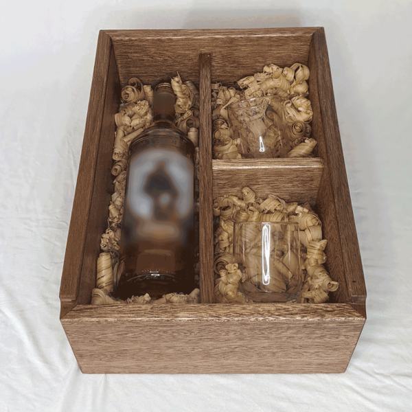 Liquor and glass set wooden box with scented shavings